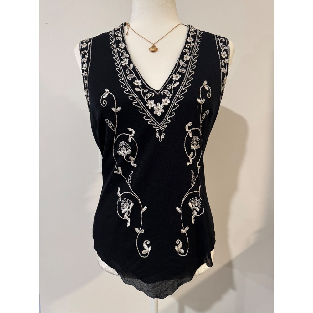 Vintage Cache Sleeveless Black Mesh Top Embroidery SIZE L Boho y2k Fairy Dark